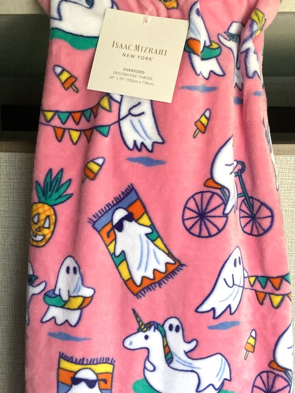 Isaac Mizrahi Pink Novelty Ghost & Unicorn Plush Throw